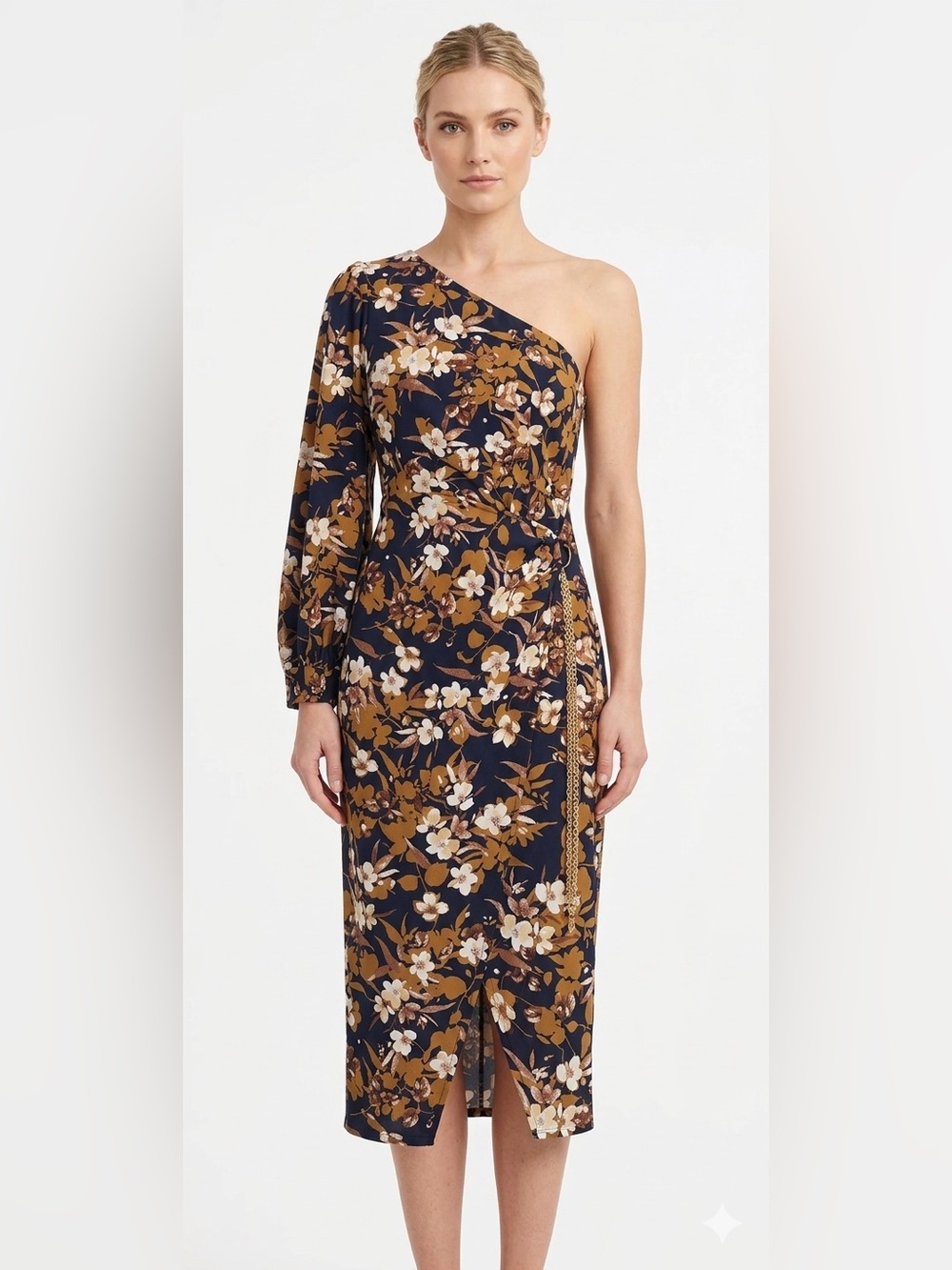 NWT JJ’s House Floral One-Shoulder One Long Sleeve Faux Wrap Midi Dress M